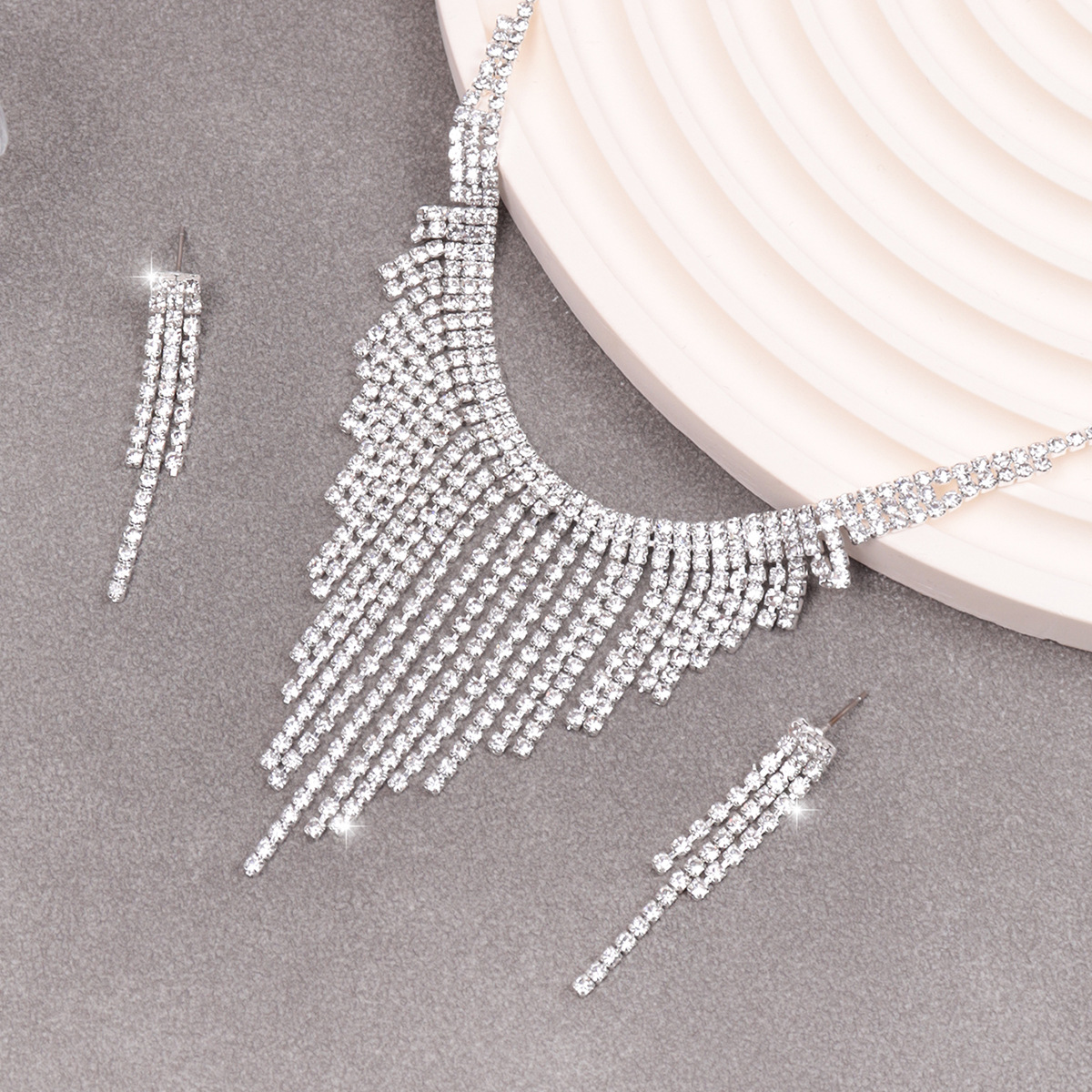 Women Crystal Rhinestone Jewelry Set With Waterfall Necklace and Drop Earrings